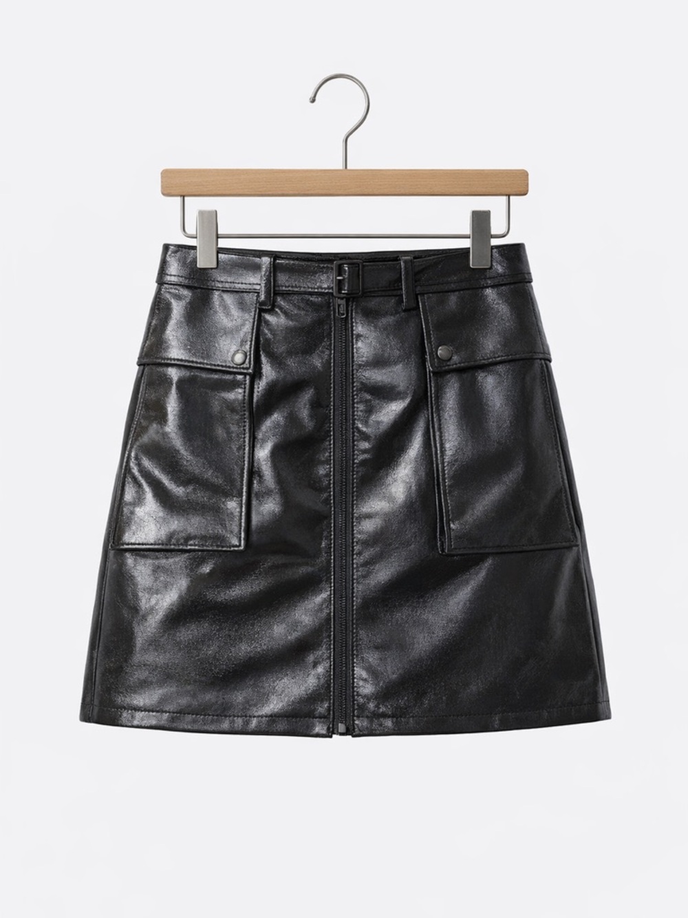 CHRLDR Black Faux Leather Mini Skirt with Utility Pockets & Front Zip – Edgy